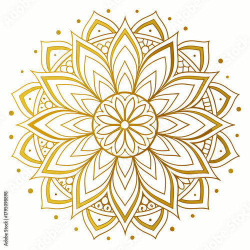 Elegant golden mandala design with intricate floral petals and decorative dots on a white background