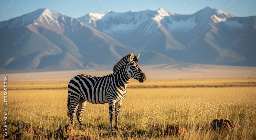 Obraz premium A zebra standing on the grassland with mountains in the background