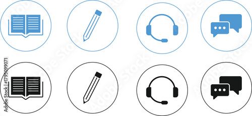 Language skill icon set. Reading, Writing, Listening, Speaking icons. Language Status sign