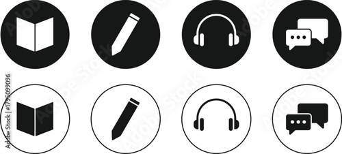 Language skill icon set. Reading, Writing, Listening, Speaking icons. Language Status sign