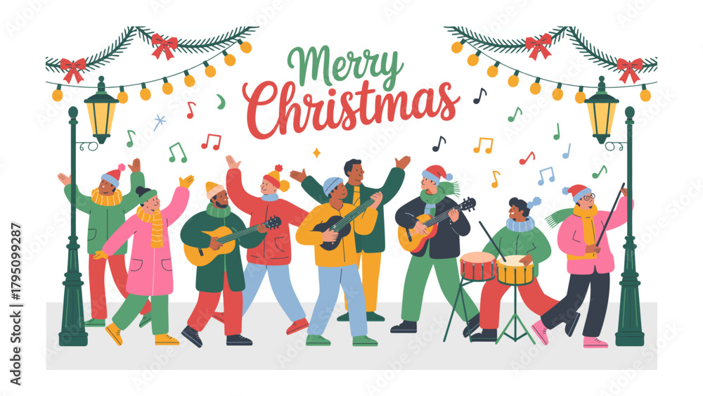 Naklejka premium Merry Christmas Carolers: A cheerful group of carolers performs under festive lights, spreading holiday cheer with music and song.