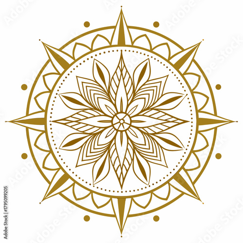 Elegant golden compass rose mandala design with intricate floral patterns and radiating points on a white background