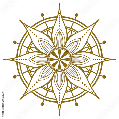 Elegant golden compass rose with intricate floral petals and decorative dots on white background