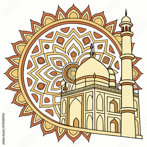 Iconic taj mahal monument depicted with a decorative mandala pattern in warm golden and brown tones