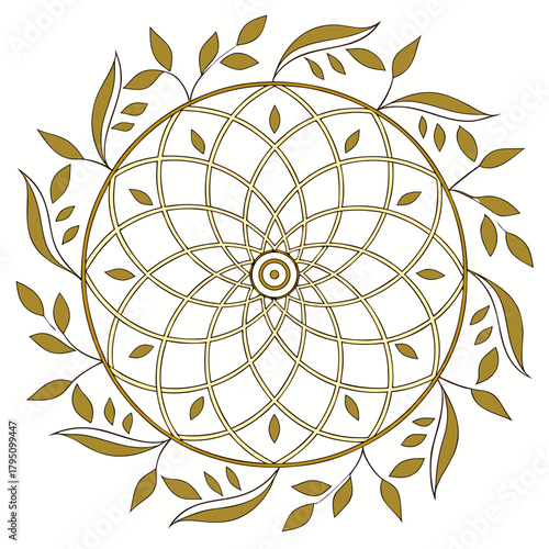 Elegant golden mandala with leafy branches emanating outward on a white background