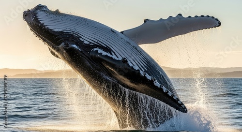 Fototapeta Naklejka Na Ścianę i Meble -  A humpback whale breaching the ocean surface with water splashing.