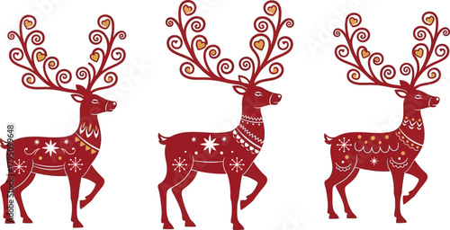 Mega Collection of 3 Christmas Deer Vector Illustration Sets: Includes Realistic Stag Silhouettes, Cute Cartoon Fawn Characters, and Elegant Red Ornate Reindeer Illustrations.