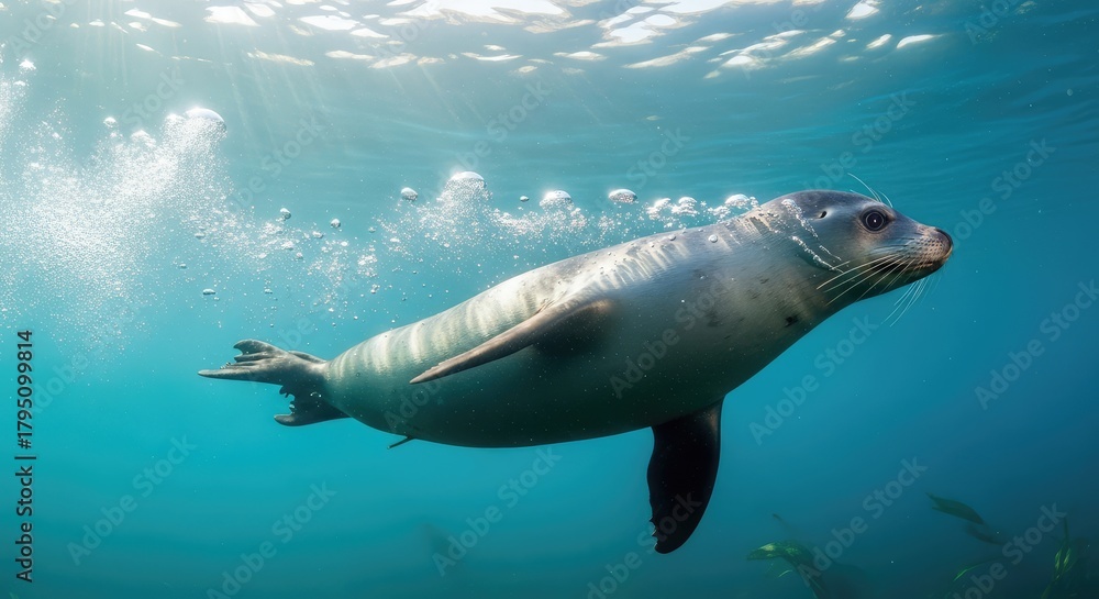 Obraz premium A seal swimming gracefully underwater with bubbles around.