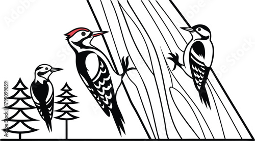 Whimsical woodpecker family illustration, nature's charm, tree dwelling birds, playful wildlife scene perfect for educational materials or children's art projects