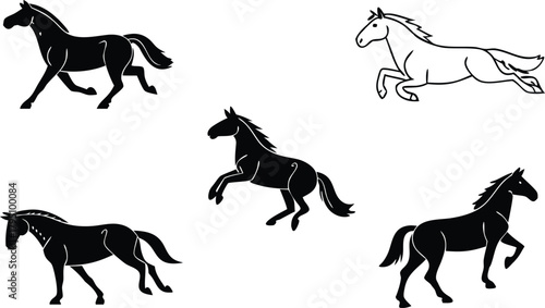 Elegant equestrian silhouettes showcase powerful horses in motion, ideal for branding, logos, or designs needing a touch of wild beauty and grace