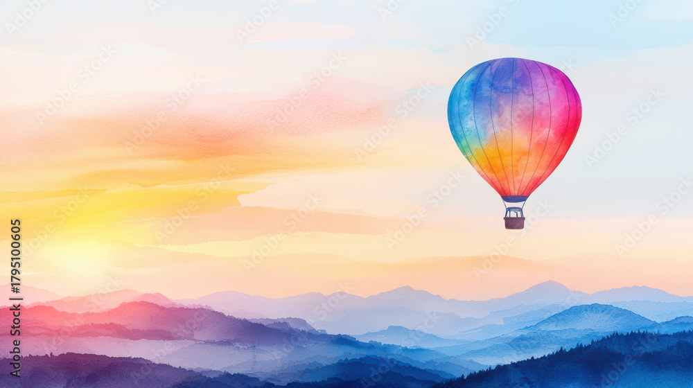 Fototapeta premium Vibrant hot air balloon floats above colorful mountains at sunset, creating serene and picturesque scene
