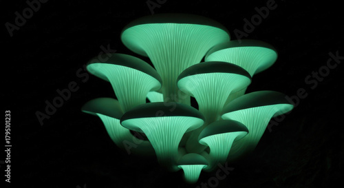 Group of vibrant green glowing mushrooms in a dark natural environment at night, showing natural bioluminescence