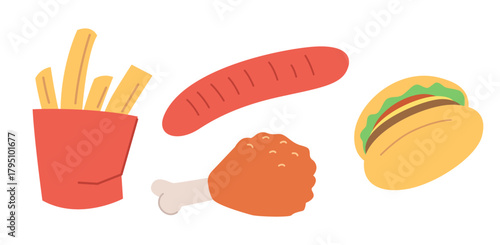 Fast food set with fries, sausage, burger and chicken drumstick. Colorful hand-drawn vector illustration of street food snacks.
