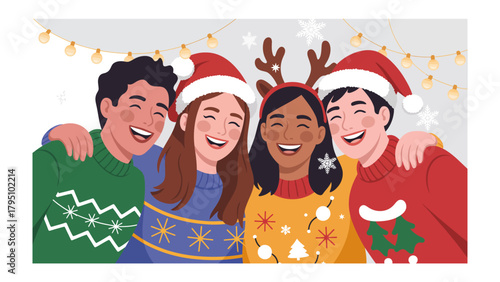 Holiday Cheer: A group of friends, adorned in festive attire, share a heartwarming moment of laughter, celebrating the holiday season with joy and togetherness.