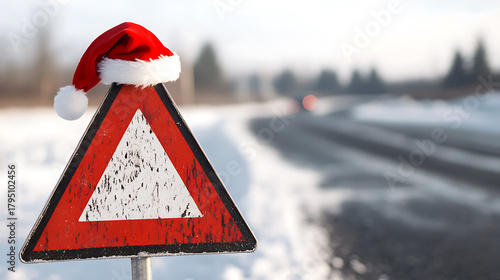Holiday Road Hazard: Drive safely this festive season! Snowy roads & a Santa hat on a caution sign reminds us to stay alert & cautious while traveling in winter conditions.