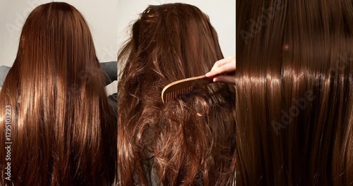 Smooth and tangled red female hair being brushed in close-up collage. Hair texture in slow motion macro shot.