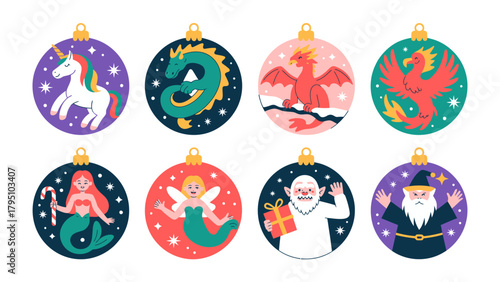 Magical Christmas Ornament Set: A delightful array of festive ornaments showcases a whimsical collection of mythical creatures and enchanting figures.