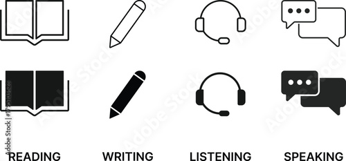 Language skill icon set. Reading, Writing, Listening, Speaking icons. Language Status sign