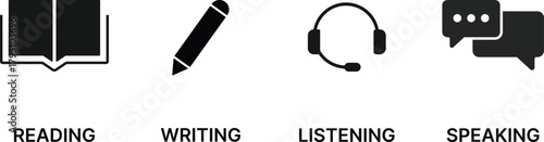 Language skill icon set. Reading, Writing, Listening, Speaking icons. Language Status sign
