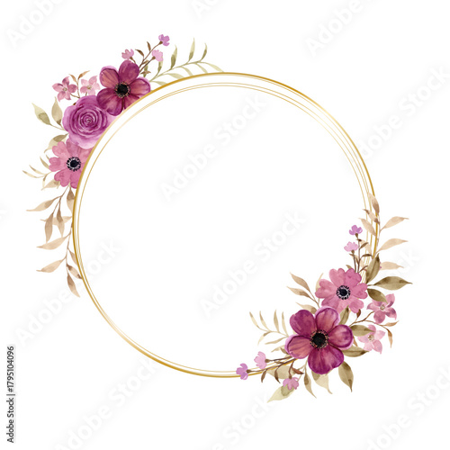 Watercolor plum floral wreath with gold circle
