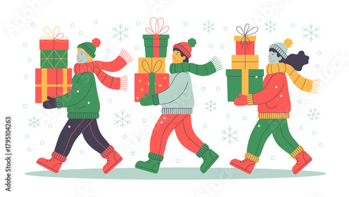 Winter gift bearers: Three figures, bundled in cozy winter attire and vibrant scarves, stride forward with stacks of brightly wrapped gifts, under gentle snowfall.
