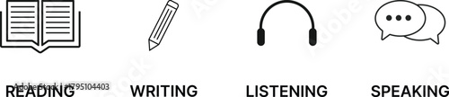 Reading, Writing, Listening, Speaking Language Skill icon Set. Language Learning symbols. Speaking & Listening, Reading & Writing Skill Status Icons