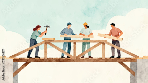 Team of Diverse Building Workers Constructing a Wooden Structure, Collaborative Construction Project