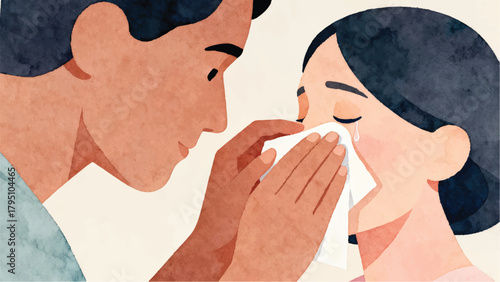 Comforting Hand Wiping Tears with Tissue - Watercolor Illustration