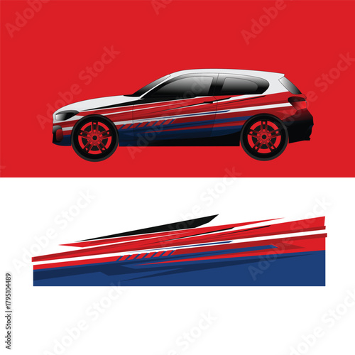 Sporty car livery design with a combination of red, blue, white and black, featuring dynamic lines and modern graphic elements.