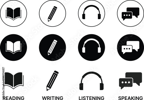Reading, Writing, Listening, Speaking Language Skill icon Set. Language Learning symbols. Speaking & Listening, Reading & Writing Skill Status Icons