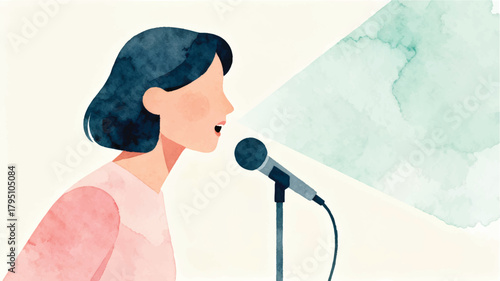 Woman Speaking into Microphone with Watercolor Effect