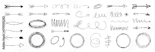 Line brush heart vector set. Hand drawn sketch doodle style arrow, circle, line marker stroke pencil highlight. Doodle cute ink pen line elements isolated on white background. 