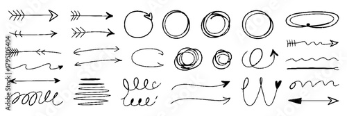 Line brush heart vector set. Hand drawn sketch doodle style arrow, circle, line marker stroke pencil highlight. Doodle cute ink pen line elements isolated on white background. 