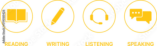 Reading, Writing, Listening, Speaking Language Skill icon Set. Language Learning symbols. Speaking & Listening, Reading & Writing Skill Status Icons