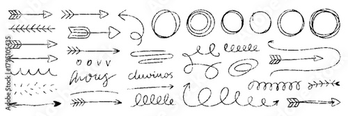 Line brush heart vector set. Hand drawn sketch doodle style arrow, circle, line marker stroke pencil highlight. Doodle cute ink pen line elements isolated on white background. 