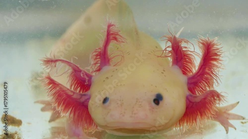 Fluorescent pink axolotl gills glow like feathery coral, its enigmatic smile emerging from aquatic shadows.