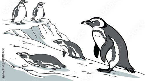 Delightful penguin gathering on icy terrain, a natural wildlife scene showing their social harmony and resilience in a cold environment
