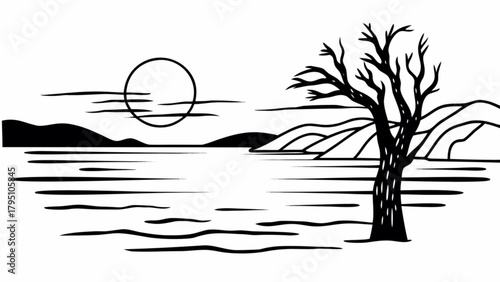Minimilist silhouette landscape with a tree, mountains, and a circle representing the sun or moon in black and white vector