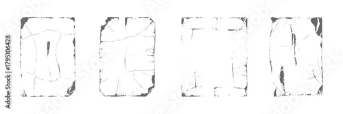 Set of old white empty aged damaged paper cardboard photo card. Torn and crumpled pattern for poster or vinyl album cover. lack stippled folded paper texture. Rough dotted crumpled filter background.