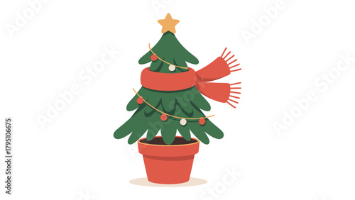 Festive Tree: A charming decorated Christmas tree adorned with a red scarf and twinkling lights, radiates holiday warmth and joy.