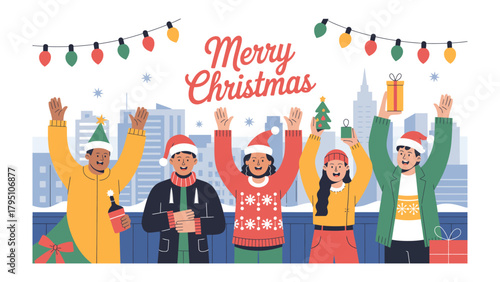 Slika na platnu Christmas Celebration: An illustration of a group of diverse individuals joyfully celebrating Christmas, surrounded by festive decorations and illuminated city lights