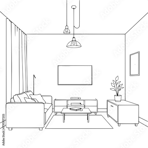 “A graphic, front-view black-and-white illustration of a modern living room. Left side sofa, central TV, elegant pendant lights, right-side storage table topped with a plant, and simple framed picture