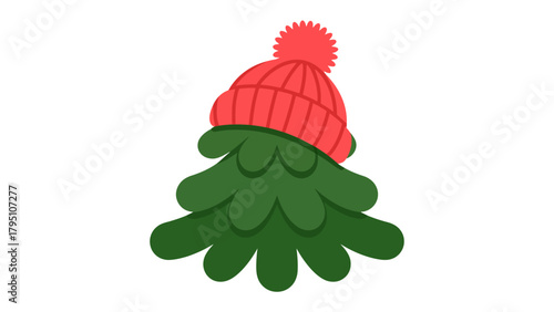 Festive Pine: A whimsical Christmas tree, adorned with a vibrant knit cap, embodies the holiday spirit, offering a playful and cheerful visual experience.