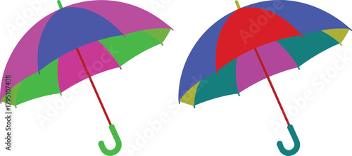 Bright yellow and teal umbrellas isolated on clean background, minimalist flat style illustration showing colorful umbrellas for weather protection and design themes
