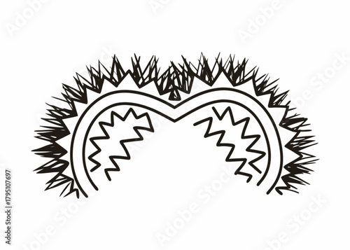 Minimilist abstract black and white drawing of a spiky semi circle with jagged lines inside it design art vector