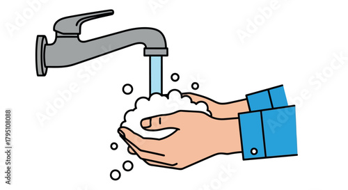 Cartoon illustration of hands washing with soap and water from a faucet hand washing hygiene on transparent background