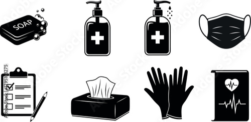 Collection of Black and White Icons Related to Health and Hygiene Keywords: health, hygiene, icons, medical, healthcare, safety, protection, prevention, soap, hand on transparent background