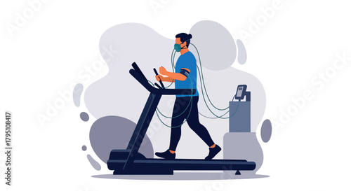 Person wearing mask and sensors walking on treadmill for medical test vector illustration on transparent background