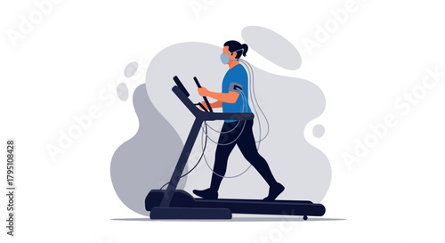 Person with ponytail wearing mask on treadmill with medical monitoring equipment exercise fitness on transparent background