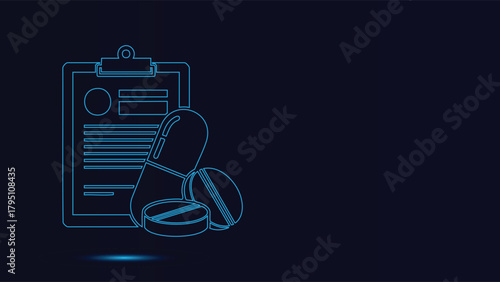 Digital Healthcare Prescription Concept Vector Illustration Featuring Glowing Blue Outline Of A Medical Clipboard And Pharmaceutical Pills Capsules On A Dark Background For Telemedicine And